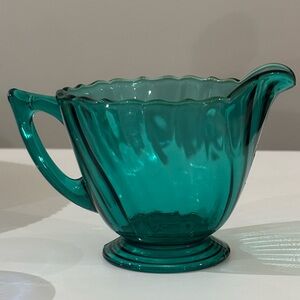 Teal Green Jeanette Depression Glass Creamer – Mid-Century Swirl Pattern